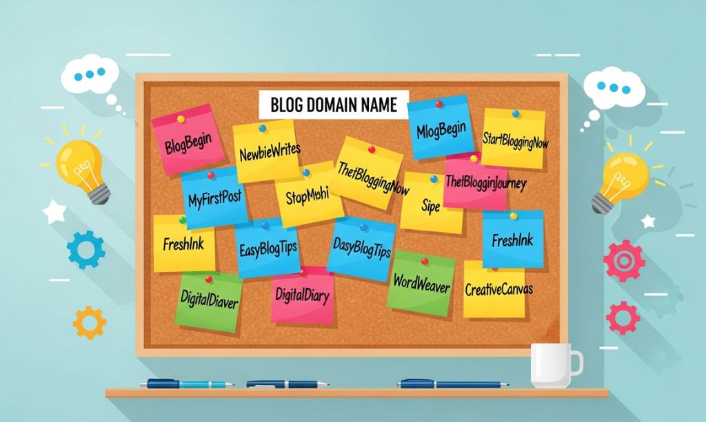 How to Start a Blog in 2026: Step-by-Step Guide for Complete Beginners 4 Creative illustration of domain name ideas on sticky notes, representing brainstorming a blog name