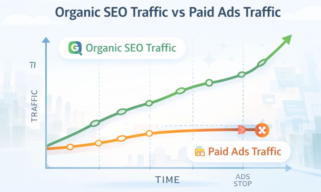 Difference between organic SEO traffic and paid advertising results

