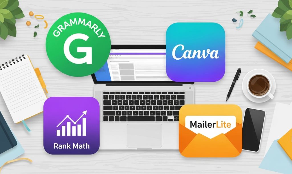 How to Start a Blog in 2026: Step-by-Step Guide for Complete Beginners 10 Flat lay of essential blogging tools including laptop, Grammarly, Canva, Rank Math, MailerLite, illustrating tools beginners need