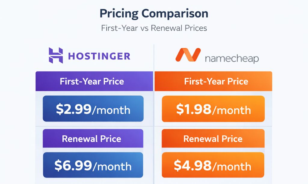 Hostinger and Namecheap pricing comparison for beginners