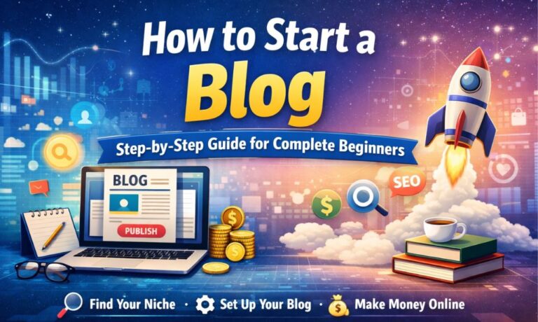 Feature image for the TotalInfoHub guide on how to start a blog. The illustration shows a laptop with a 'publish' button, a rocket launching to symbolize success, and icons for the main steps: 'Find Your Niche,' 'Set Up Your Blog,' and 'Make Money Online.