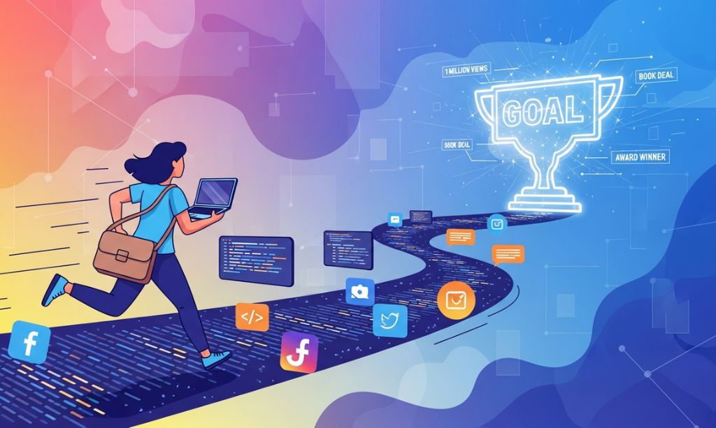 How to Start a Blog in 2026: Step-by-Step Guide for Complete Beginners 12 Illustration of a blogger running on a digital path toward blogging goals, symbolizing persistence and long-term success