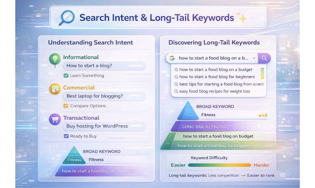 How to Start a Blog in 2026: Step-by-Step Guide for Complete Beginners 8 Infographic illustrating search intent and long-tail keyword strategy for beginner bloggers