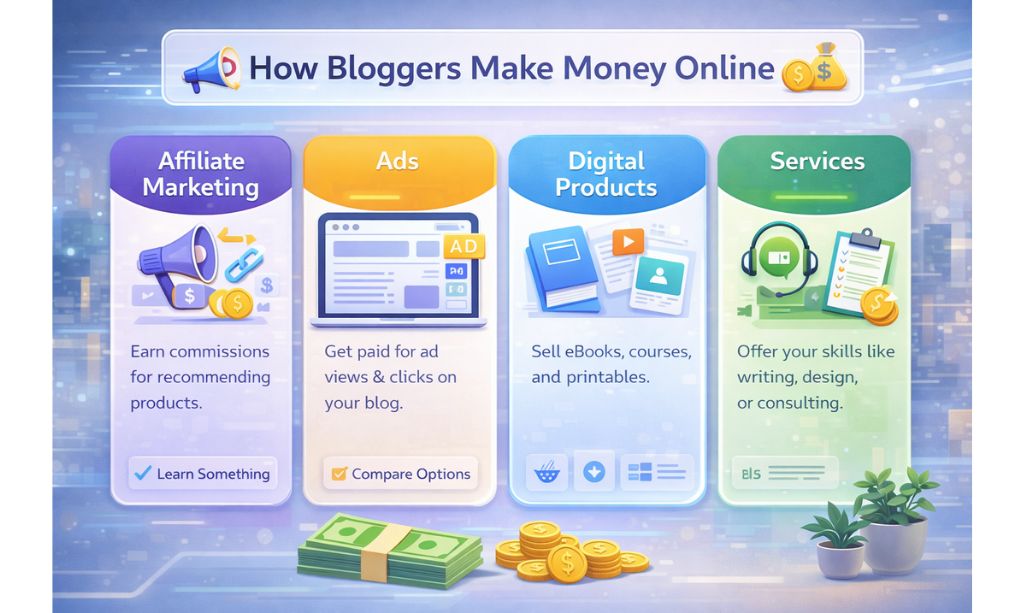 How to Start a Blog in 2026: Step-by-Step Guide for Complete Beginners 9 Infographic showing four ways bloggers earn money online affiliate marketing, ads, digital products, and services
