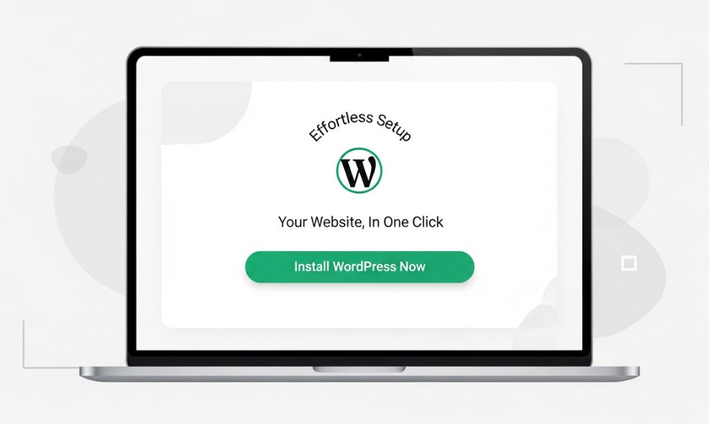 How to Start a Blog in 2026: Step-by-Step Guide for Complete Beginners 6 Laptop displaying WordPress one-click installation process, beginner-friendly digital illustration