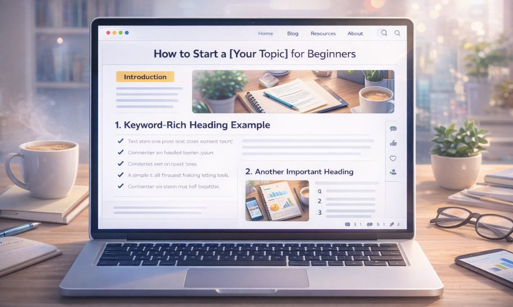 How to Start a Blog in 2026: Step-by-Step Guide for Complete Beginners 7 Laptop displaying a well-structured blog post with headings, bullet points, and images for readability