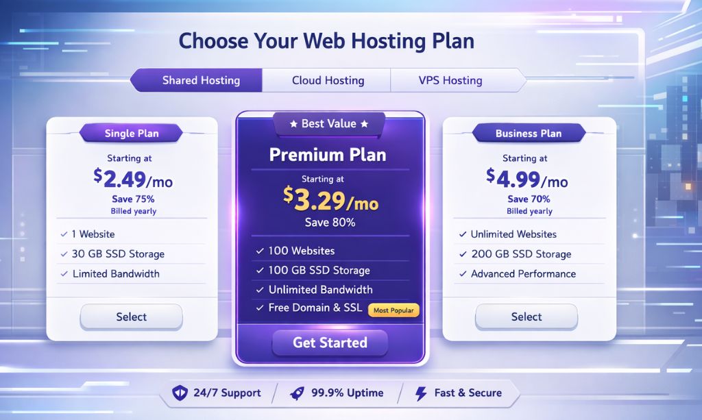 How to Start a Blog in 2026: Step-by-Step Guide for Complete Beginners 5 Screenshot-style illustration of Hostinger hosting plan page, highlighting Premium Plan for beginners.