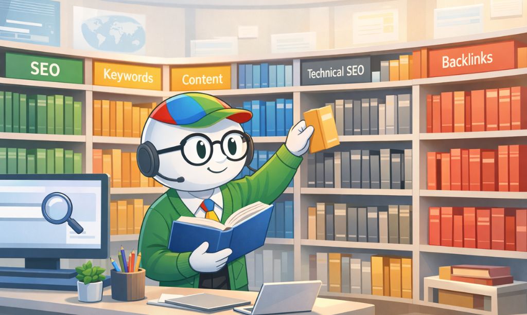 Search Engine Positioning SEO explained using Google librarian concept