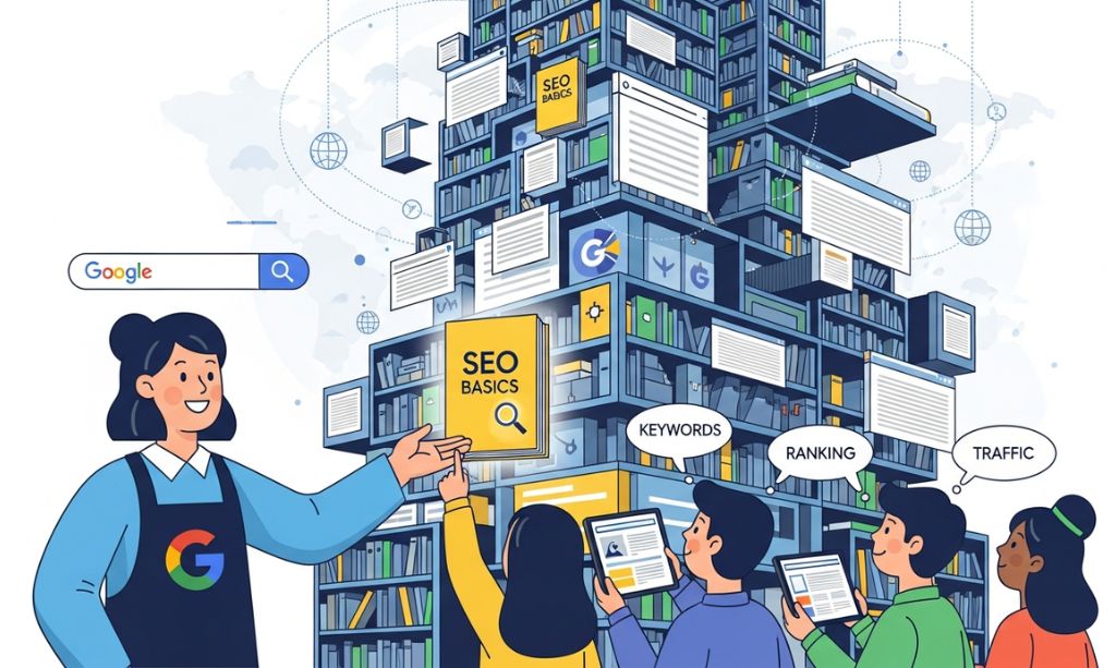 Search engines work like a librarian organizing websites in a digital library