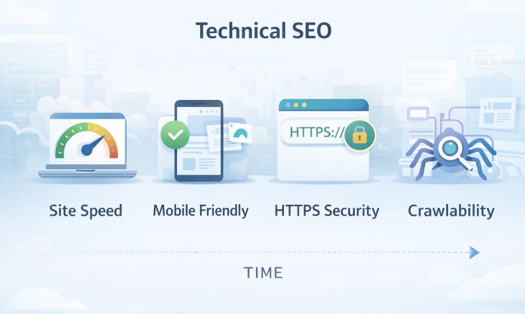 Technical SEO factors like speed mobile friendly and security
