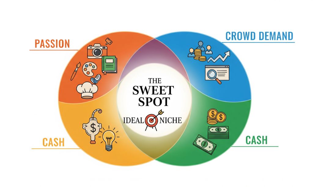How to Start a Blog in 2026: Step-by-Step Guide for Complete Beginners 3 Venn diagram with three overlapping circles labeled Passion, Crowd Demand, and Cash, showing how to choose a blog niche.