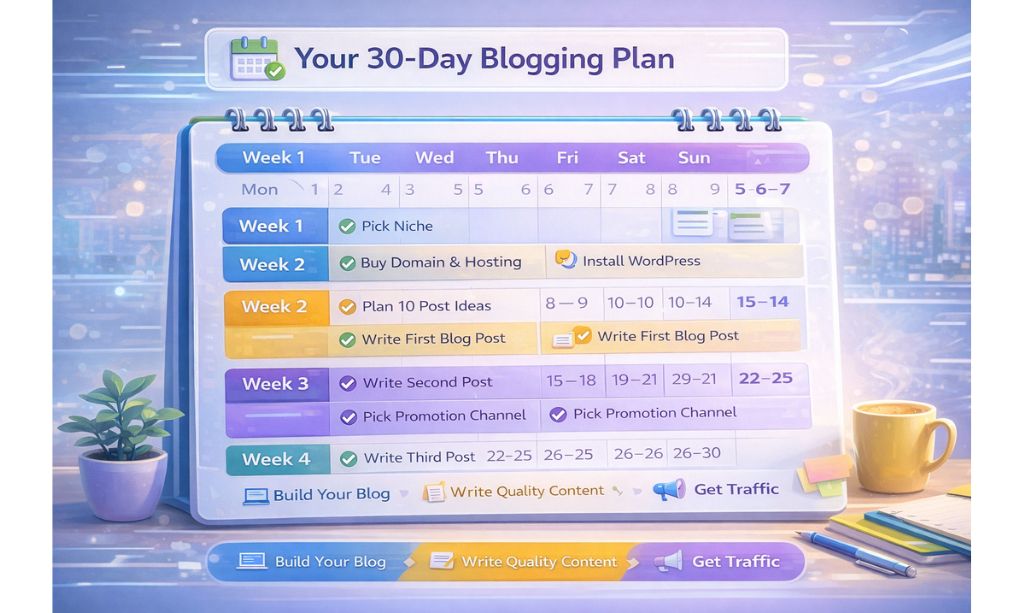 How to Start a Blog in 2026: Step-by-Step Guide for Complete Beginners 11 Visual calendar showing 30-day blogging plan with weekly milestones and checkmarks for new bloggers