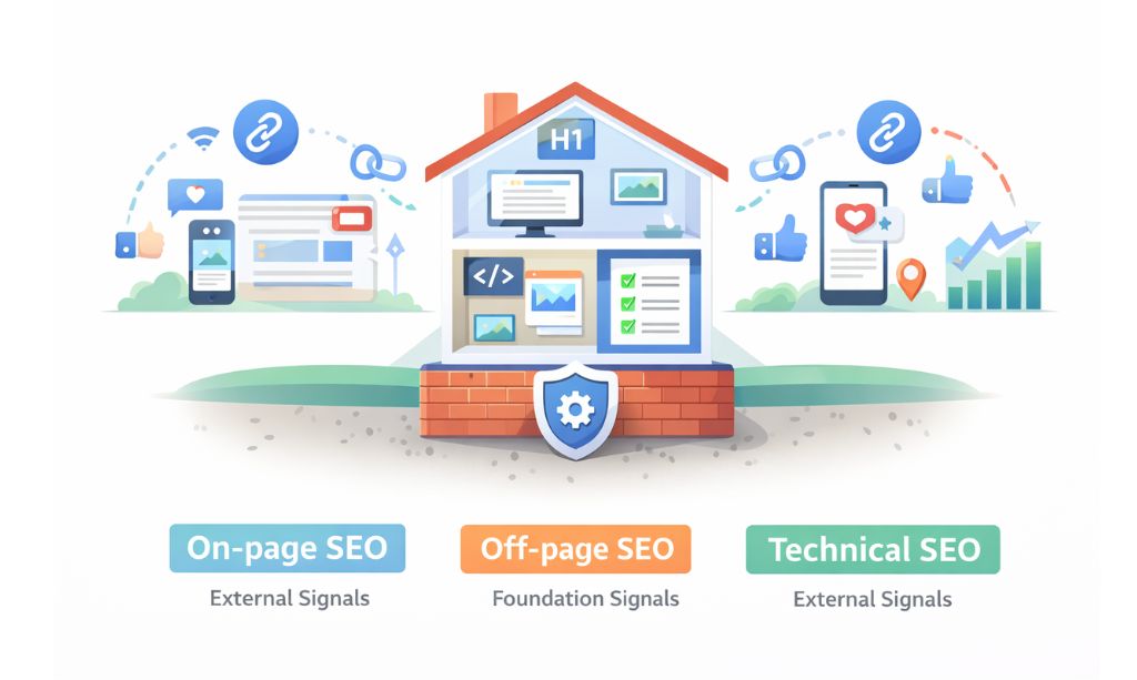 On Page SEO: The Complete Beginner’s Guide to Rank Higher in Google (2026) 2 Illustration explaining the difference between on-page, off-page, and technical SEO
