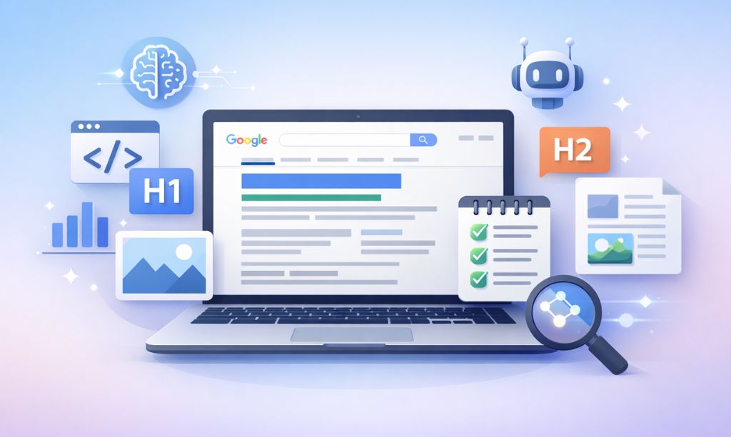 On page SEO guide illustration showing content optimization elements for Google ranking