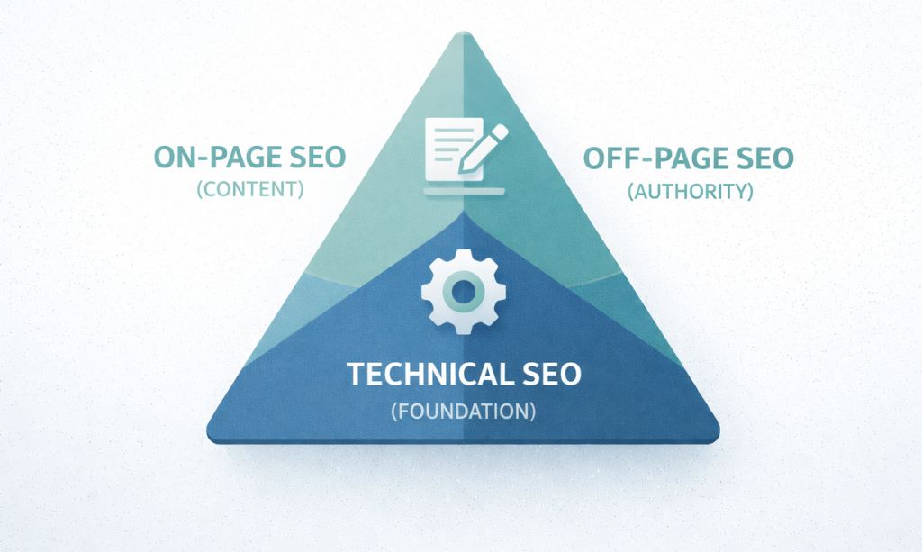 SEO triangle showing technical SEO, on-page SEO, and off-page SEO