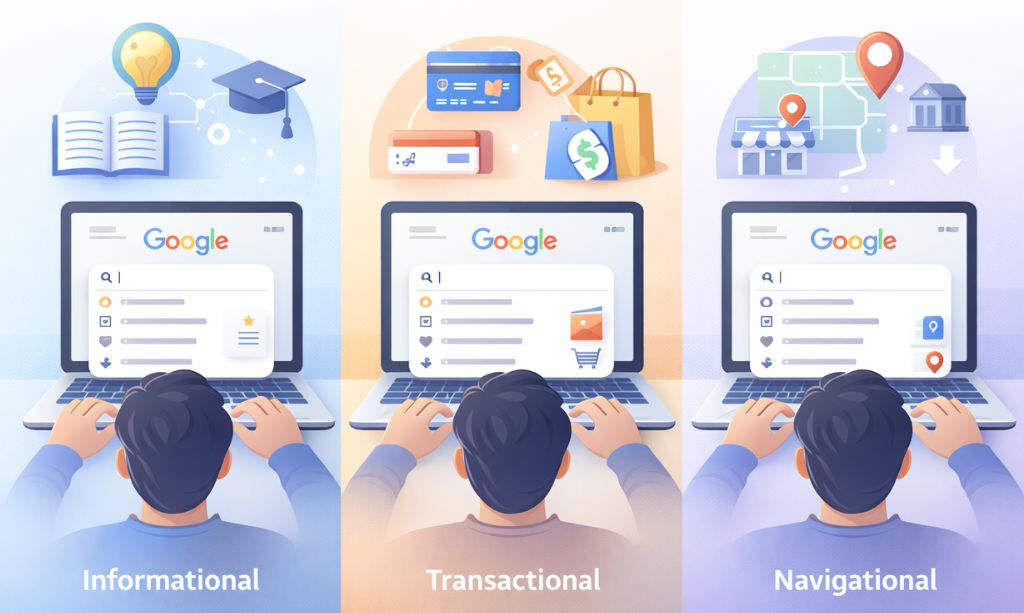 On Page SEO: The Complete Beginner’s Guide to Rank Higher in Google (2026) 3 Search intent types used in keyword research for on-page SEO