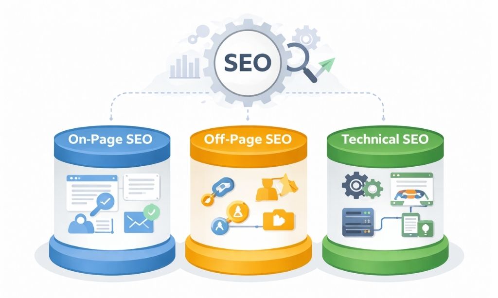 three pillars of seo on page off page technical