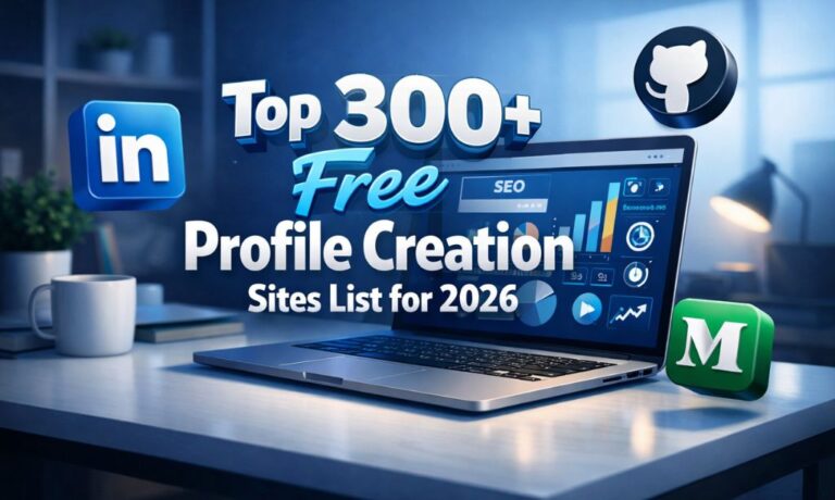 Featured image showing Top 300+ Free Profile Creation Sites List for 2026 with icons of LinkedIn, GitHub, and Medium on a laptop