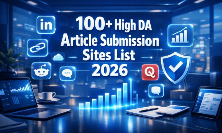 100+ high domain authority article submission sites list for SEO in 2026 showing professional workspace with digital growth charts and social media icons