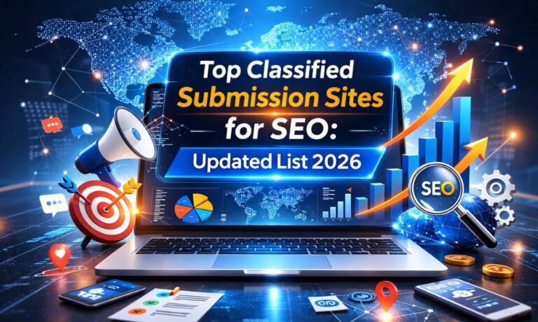 A laptop displaying the text Top Classified Submission Sites for SEO Updated List 2026, surrounded by digital marketing icons, a megaphone, and rising growth charts.