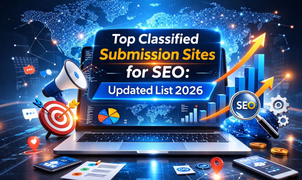 A laptop displaying the text Top Classified Submission Sites for SEO Updated List 2026, surrounded by digital marketing icons, a megaphone, and rising growth charts.