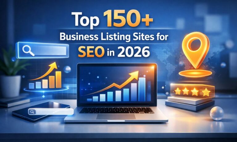 Top 150+ Business Listing Sites for SEO in 2026 showing local search, digital marketing, and business growth icons.