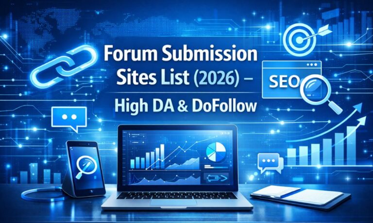 Forum Submission Sites List 2026 showing high DA and DoFollow SEO backlink opportunities on a laptop screen.