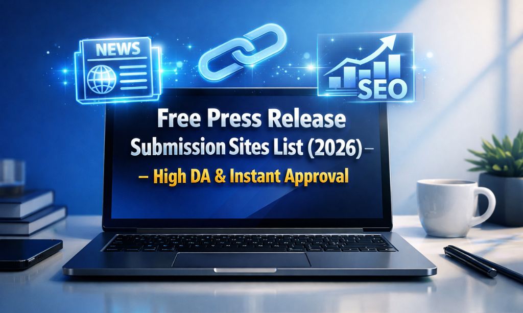 A professional laptop on a desk showing free press release submission sites list 2026 with high DA and instant approval icons for SEO growth.