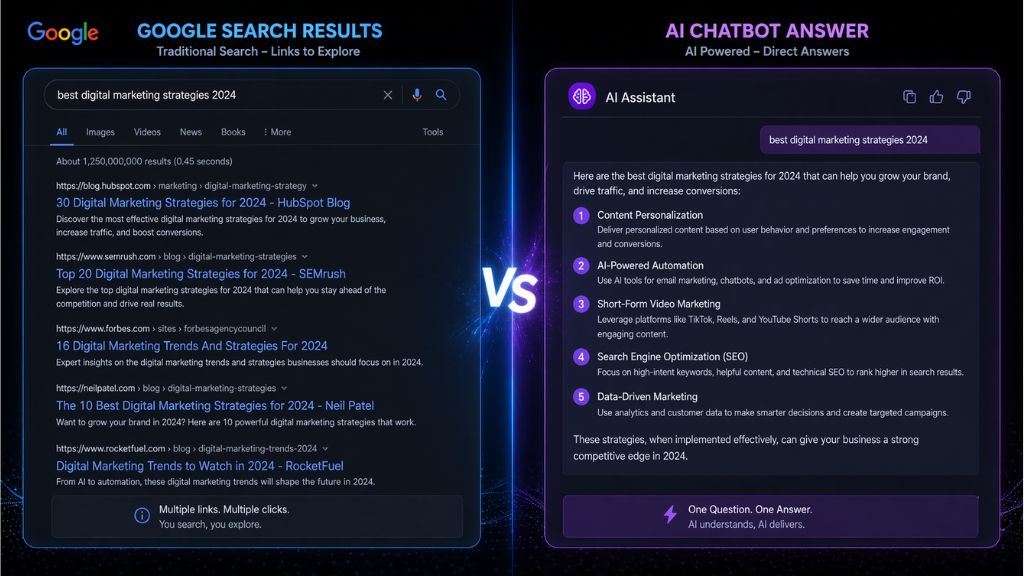 Traditional search vs AI answer engine comparison