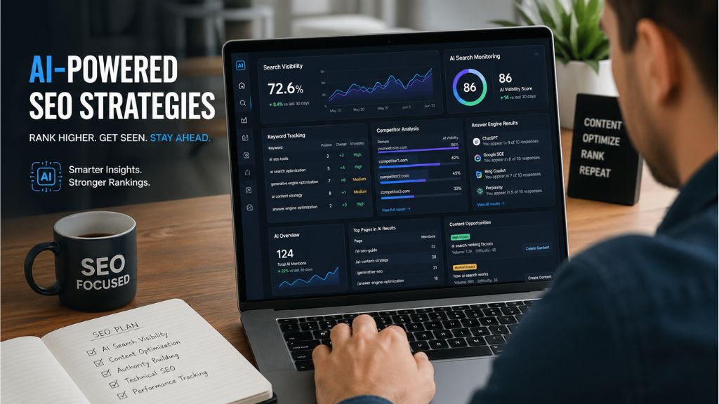 Dashboard showing AI search monitoring metrics, keyword tracking, and SEO performance analysis.