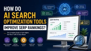 AI search optimization tools improving SERP rankings through keyword research, content optimization, technical SEO audits, and predictive insights.