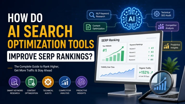 AI search optimization tools improving SERP rankings through keyword research, content optimization, technical SEO audits, and predictive insights.