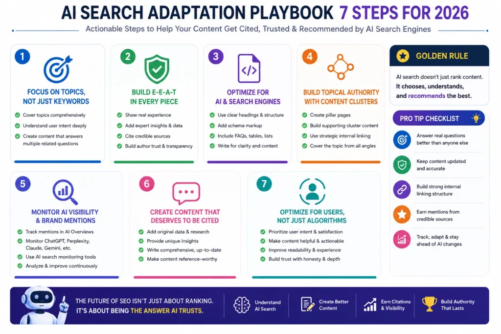 AI Search Adaptation Playbook 2026 showing seven essential SEO strategies for AI search optimization, topical authority, E-E-A-T, and AI visibility