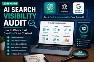 AI Search Visibility Audit feature image showing how ChatGPT, Perplexity, and Google AI check, find, and cite website content in 2026