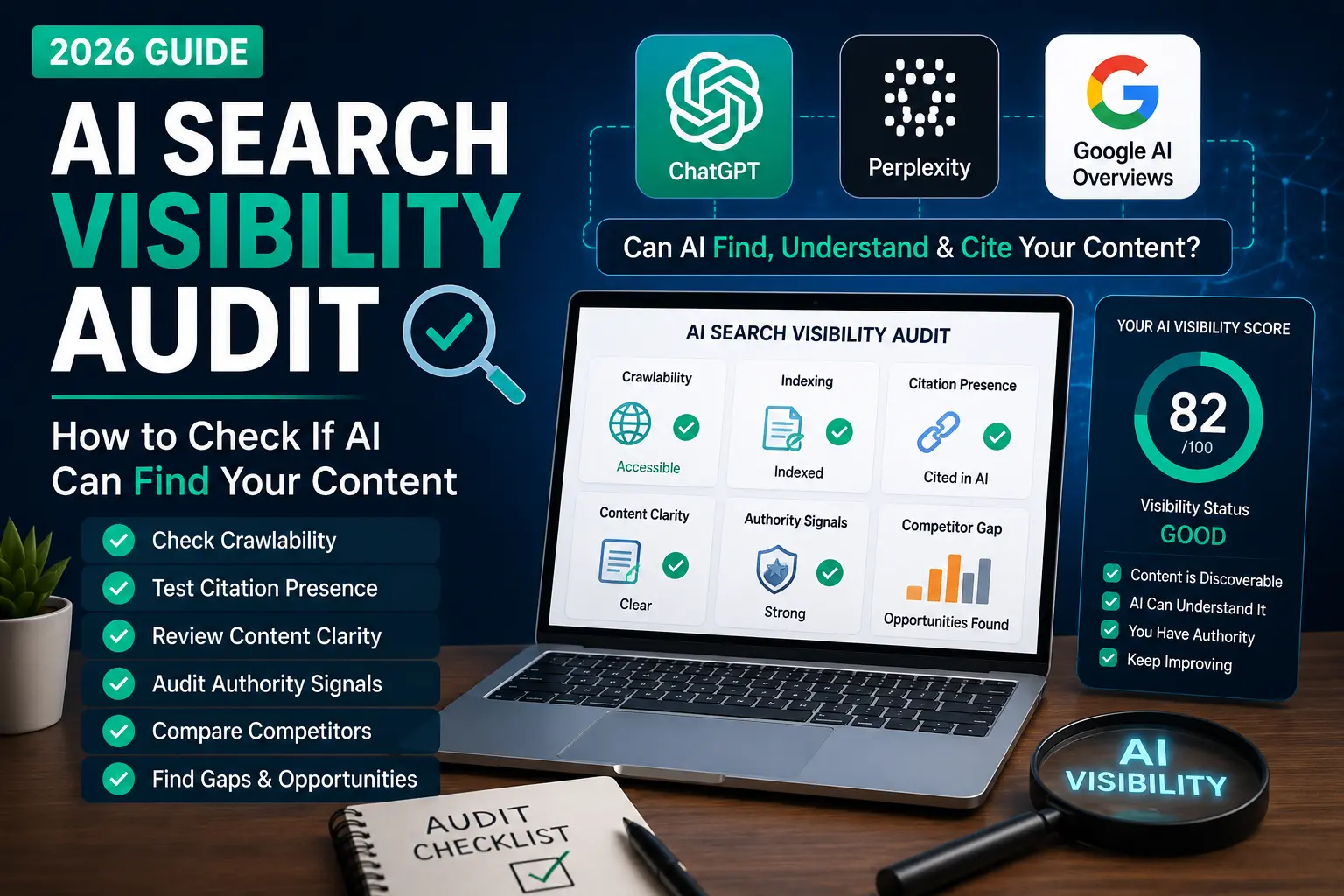 AI Search Visibility Audit feature image showing how ChatGPT, Perplexity, and Google AI check, find, and cite website content in 2026