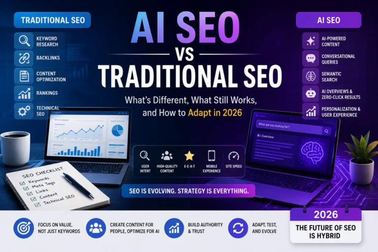 AI SEO vs Traditional SEO comparison showing keyword research, backlinks, AI-powered content, semantic search, user intent, and SEO strategies for 2026.