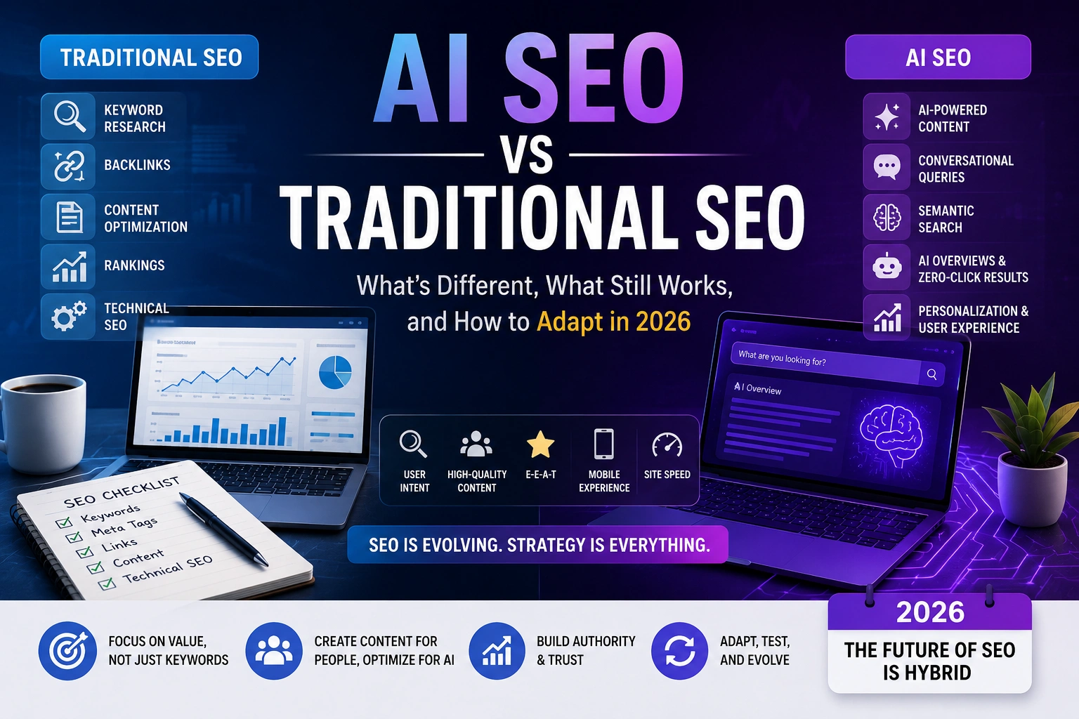 AI SEO vs Traditional SEO comparison showing keyword research, backlinks, AI-powered content, semantic search, user intent, and SEO strategies for 2026.