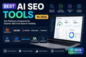Best AI SEO Tools in 2026 comparison featuring Semrush, Ahrefs, Surfer SEO, Clearscope, MarketMuse, SearchAtlas, and other leading AI SEO platforms.