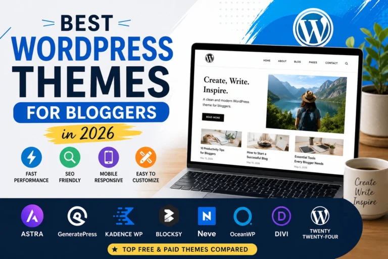 Best WordPress themes for bloggers in 2026 comparison featuring Astra, GeneratePress, Kadence, Blocksy, Neve, OceanWP, Divi, and Twenty Twenty-Four.