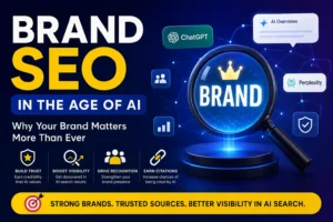 Brand SEO in the age of AI feature image showing brand authority, entity trust, and AI search visibility in ChatGPT, Perplexity, and Google AI