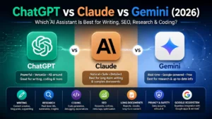 ChatGPT vs Claude vs Gemini comparison showing the best AI assistant for writing, SEO, coding, research, and productivity in 2026.