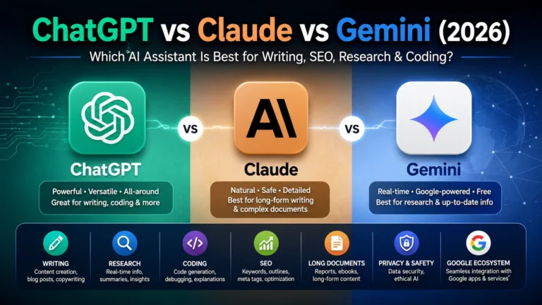 ChatGPT vs Claude vs Gemini comparison showing the best AI assistant for writing, SEO, coding, research, and productivity in 2026.