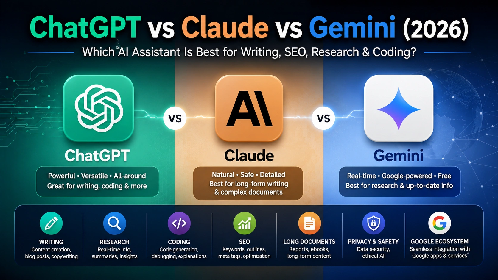 ChatGPT vs Claude vs Gemini comparison showing the best AI assistant for writing, SEO, coding, research, and productivity in 2026.