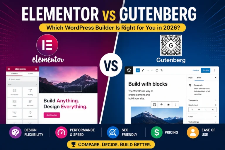 Elementor vs Gutenberg comparison image showing design flexibility, performance, SEO, pricing, and WordPress builder features in 2026.