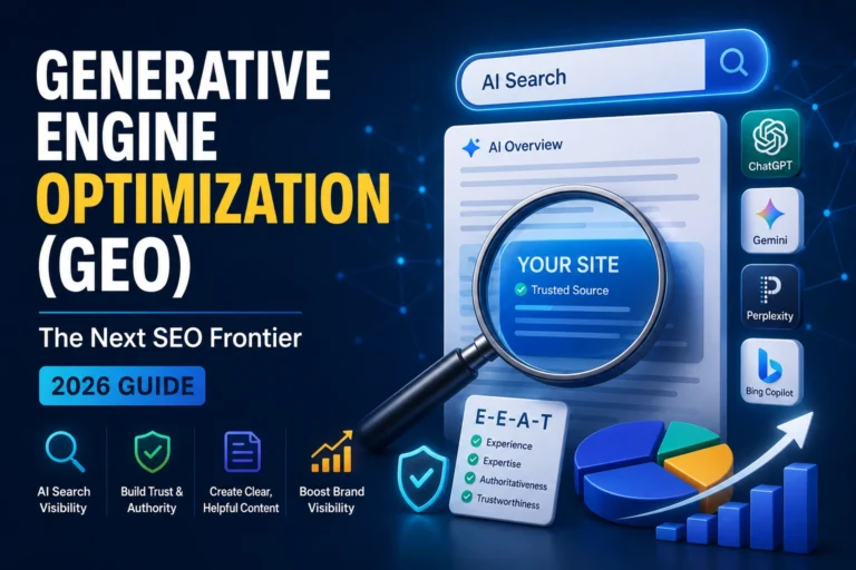 Generative Engine Optimization (GEO) illustration showing AI search engines, AI Overviews, trust signals, and content optimization for AI-driven search.