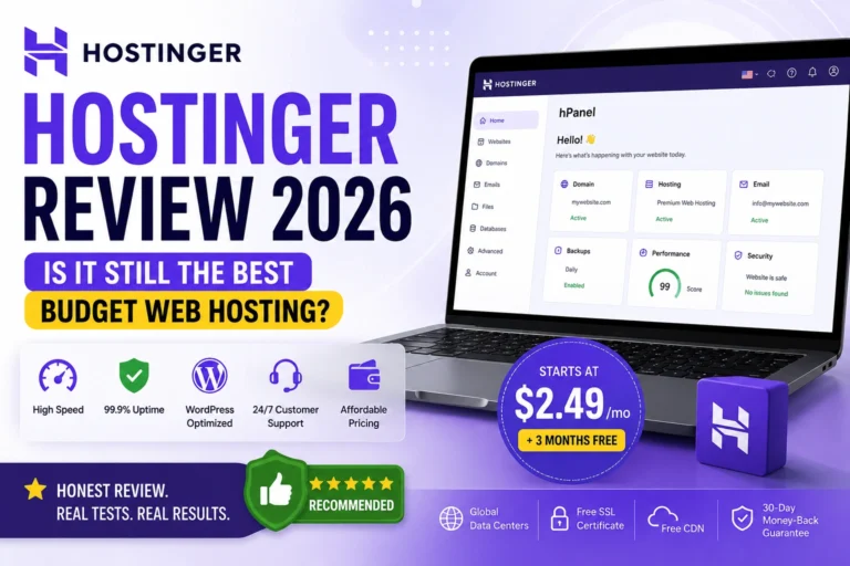 Hostinger Review 2026 featuring Hostinger hPanel dashboard, WordPress hosting, uptime, speed, pricing, and web hosting features.