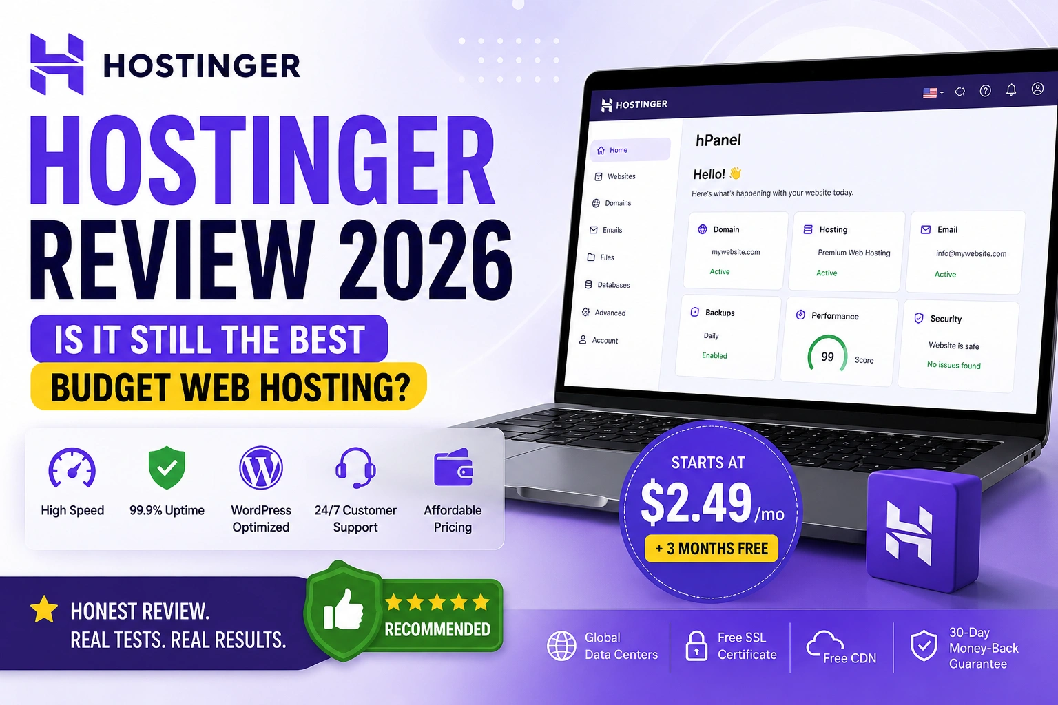 Hostinger Review 2026 featuring Hostinger hPanel dashboard, WordPress hosting, uptime, speed, pricing, and web hosting features.