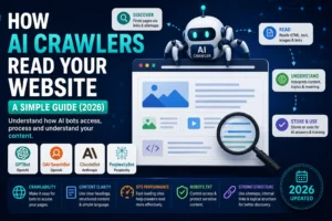 How AI crawlers read your website feature image showing GPTBot, ClaudeBot, PerplexityBot, and AI bot website crawling process in 2026