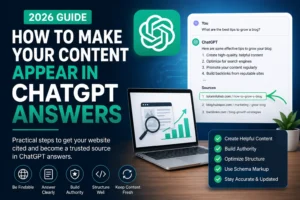 How to appear in ChatGPT answers feature image showing AI SEO, content optimization, and citation strategies for 2026