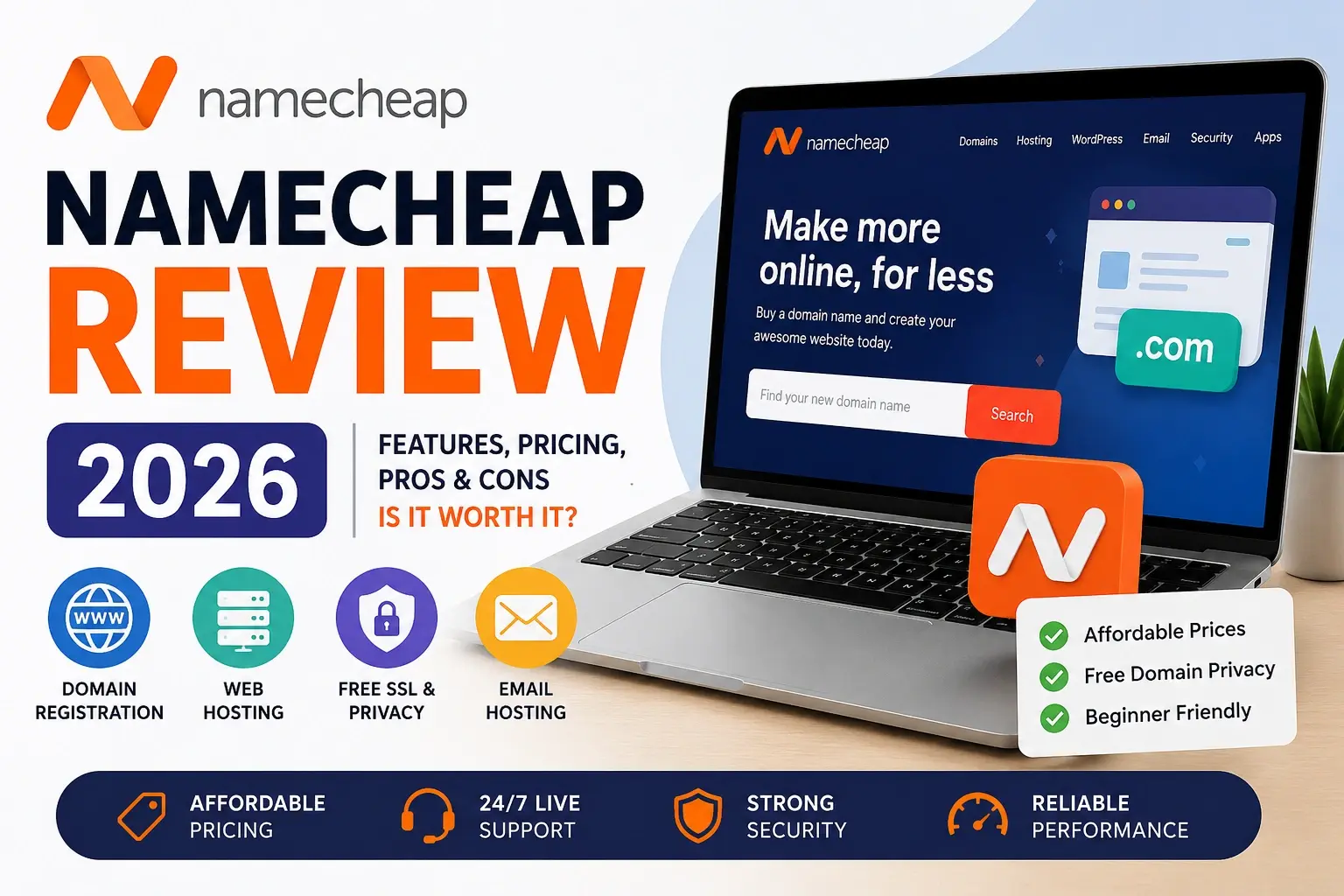 Namecheap Review 2026 feature image showing domain pricing, hosting, SSL, and free Whois privacy for beginners